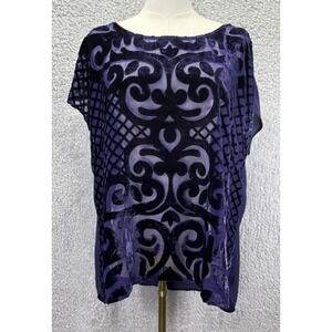 Lane Bryant Women 14/16 Purple Velvet Burnout Sheer Top Short Sleeve Boho Chic